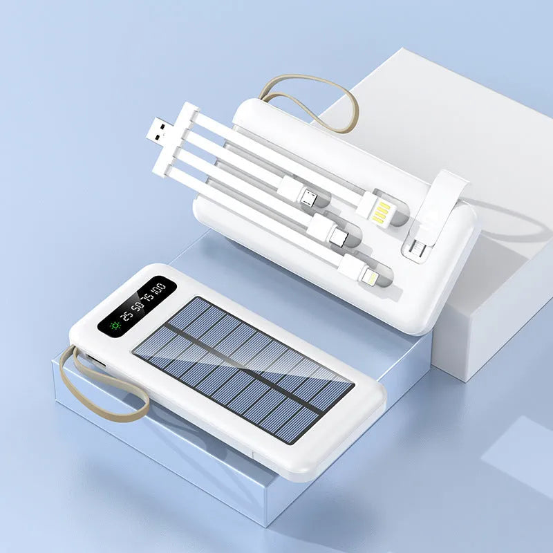 Black or white solar power bank with built-in panel showing capacity options of 20000mAh and 30000mAh.
