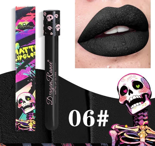 Halloween retro matte lip gloss in test tube skull packaging showing gold silver colours