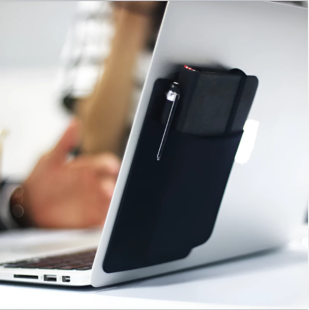 Black adhesive laptop back storage bag 15x12cm self-adhesive Lycra with pen loop