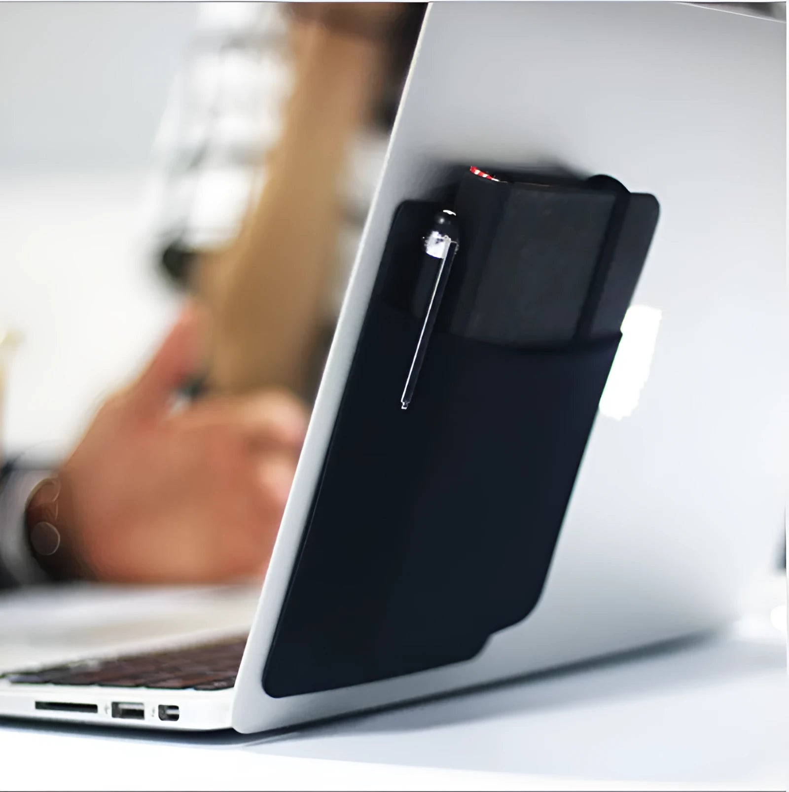Black adhesive laptop back storage bag 15x12cm self-adhesive Lycra with pen loop