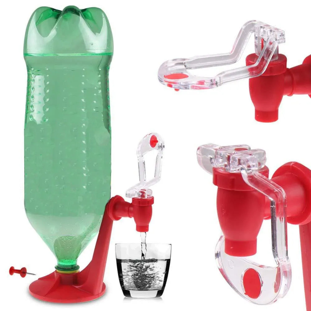 Red plastic Magic Tap soda dispenser attached to an inverted 2-litre bottle for serving fizzy drinks