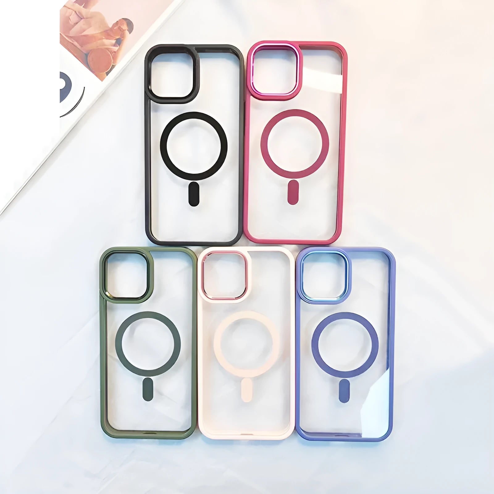 Magnetic transparent silicone iPhone case showing phone colour through back