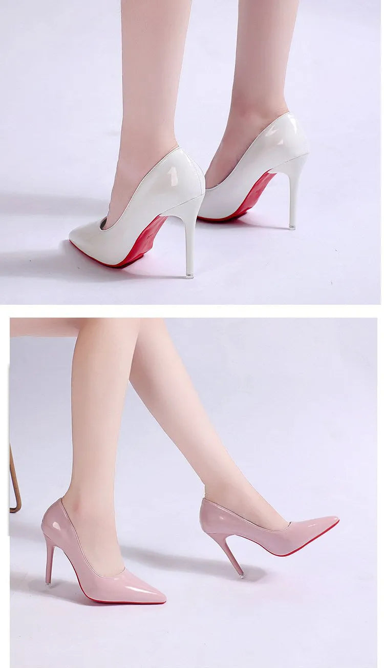 Women's solid colour stiletto heel pump with pointed toe and shallow mouth cut on a rubber sole.