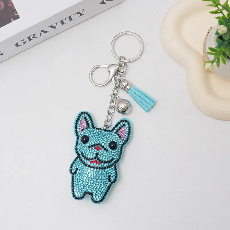 French dog rhinestone keychain with cartoon bear design in caramel colour