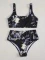 Women's high-waist marble tie-dye print bikini set with U-neck top.