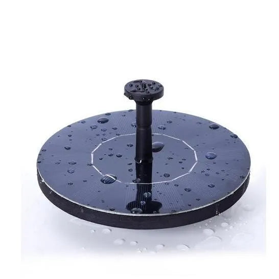 Black solar panel fountain pump with multiple nozzles for garden ponds and birdbaths.