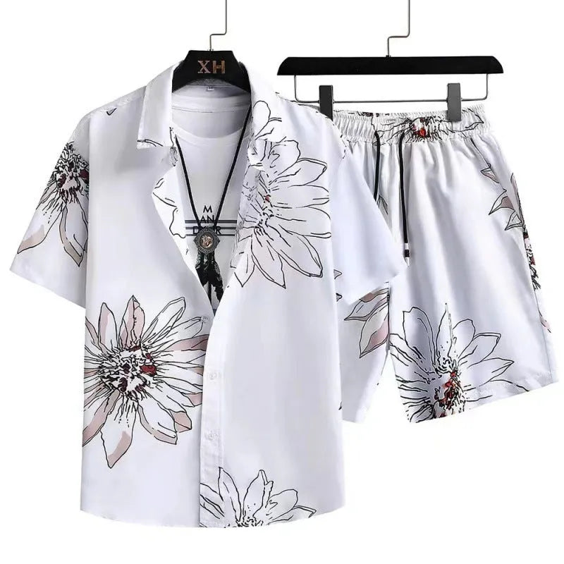 Men's short sleeve digital print suit set with matching shorts in polyester fabric