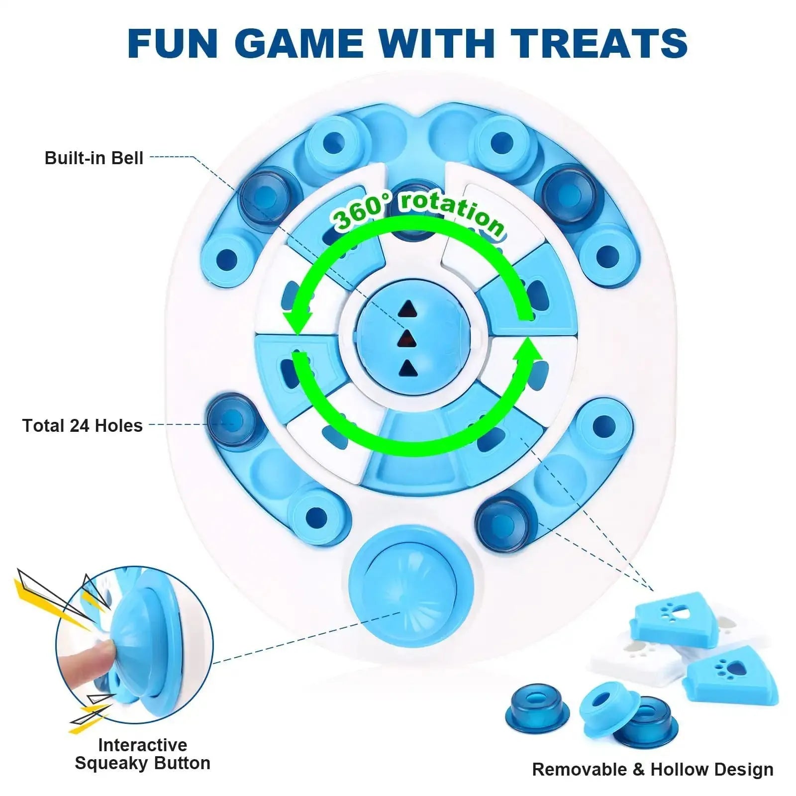 Blue dog puzzle toy with 24 food compartments and spherical bells on a flat surface