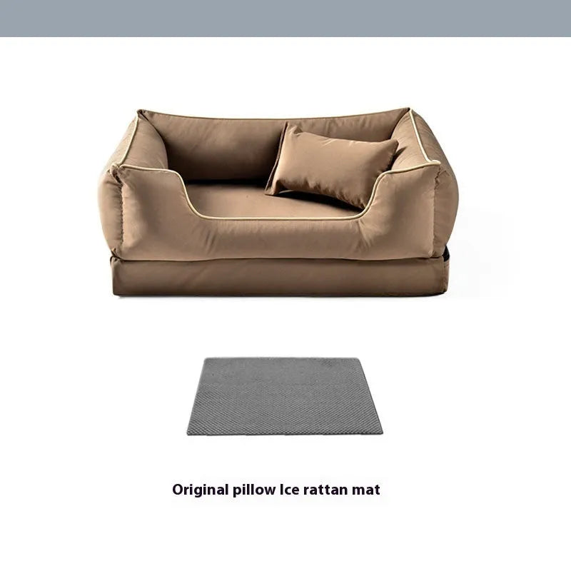 Waterproof dog kennel bed with removable washable cover in dark green, auburnumber, or rock ash colour.