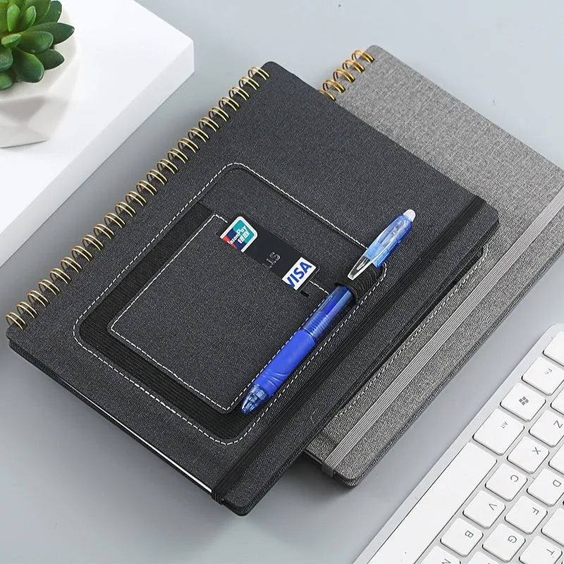 Erasable spiral notebook with stone paper in choice of cover colours, featuring optional pockets or sticky notes