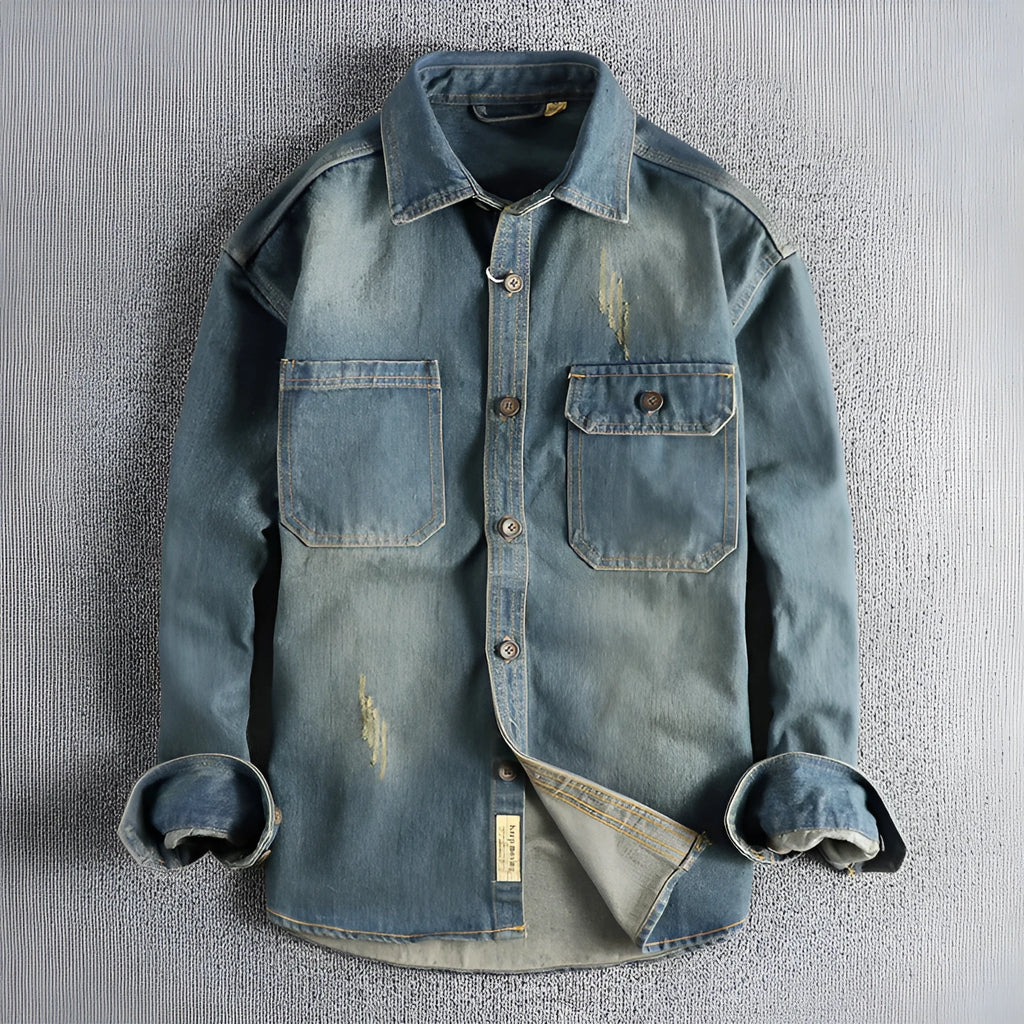 Men's light blue vintage washed denim shirt with loose fit and cardigan style