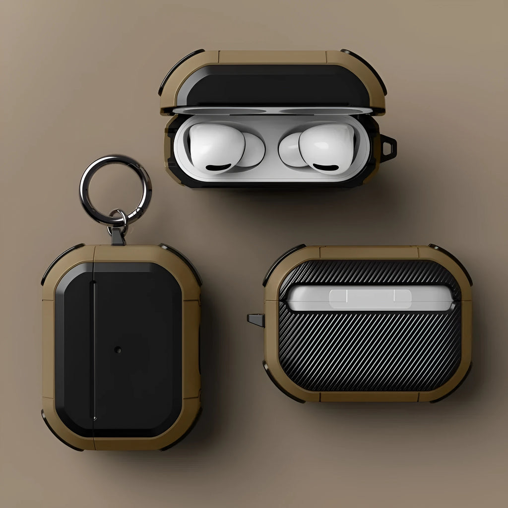 TPU and PC protective shell for Apple AirPods in multiple colour options on a white background.