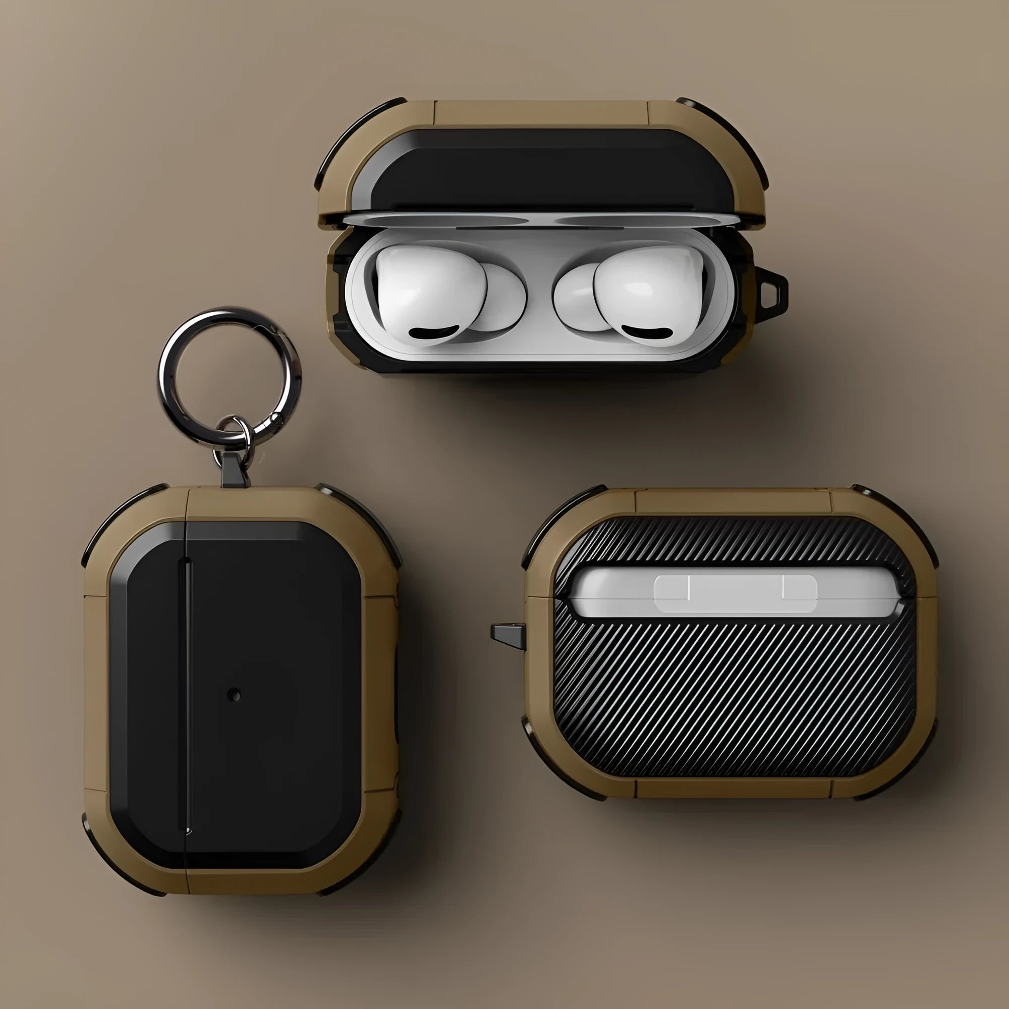 TPU and PC protective shell for Apple AirPods in multiple colour options on a white background.