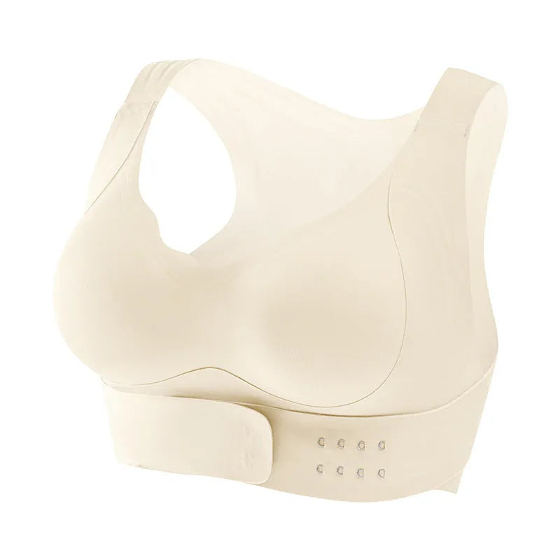 Women's front clasp sports bra with cross back design for yoga and exercise