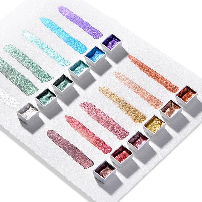 Box of solid watercolour pigment cakes in gem, pearl, or starlight colours for painting and nail art.