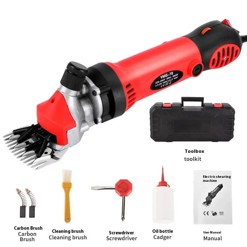 Yellow electric wool shearing machine with 110V plug and complete accessory kit including multiple comb sets