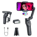 Gun coloured folding handheld smartphone gimbal stabilizer on a table.
