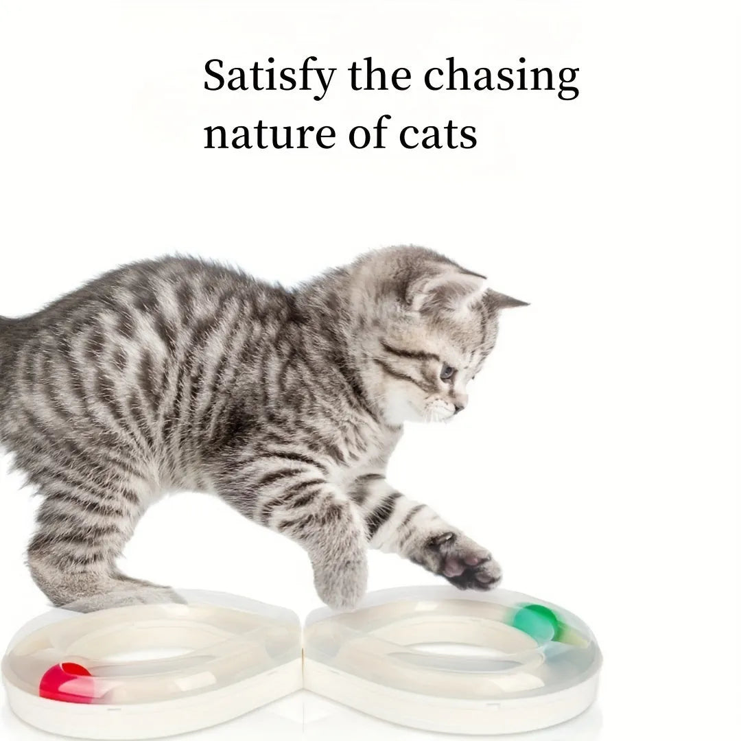 Blue and white cat turntable toy with ball track and teasing stick on wooden floor