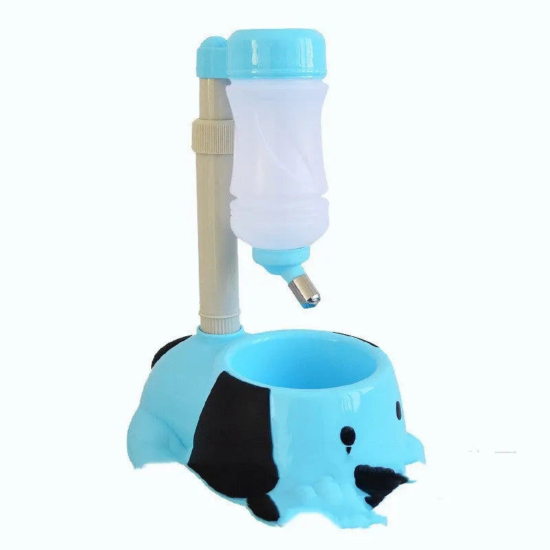 Adjustable height pet drinking bowl with rod lifting mechanism in blue, pink or yellow colours