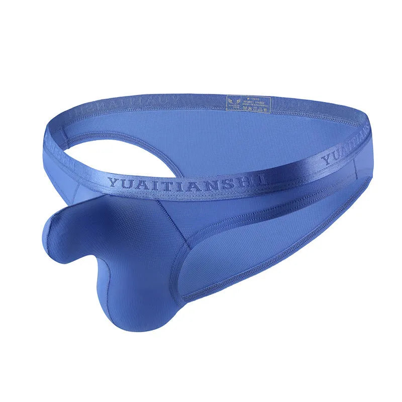 Men's thin low waist solid colour underwear in nylon fabric, shown in one of six colour options.