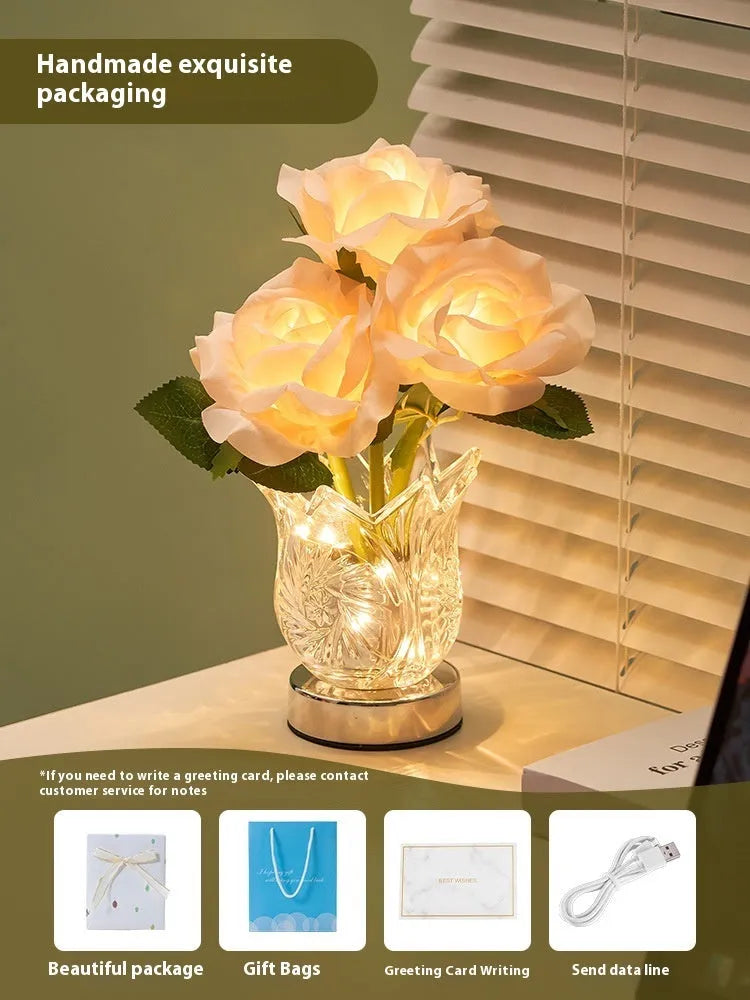 Modern crystal flowers bedside table lamp with USB charging port and touch-sensitive dimming control.