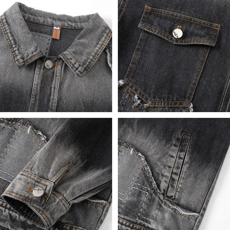 American retro high street washed destroyed denim jacket in black with side seam pockets