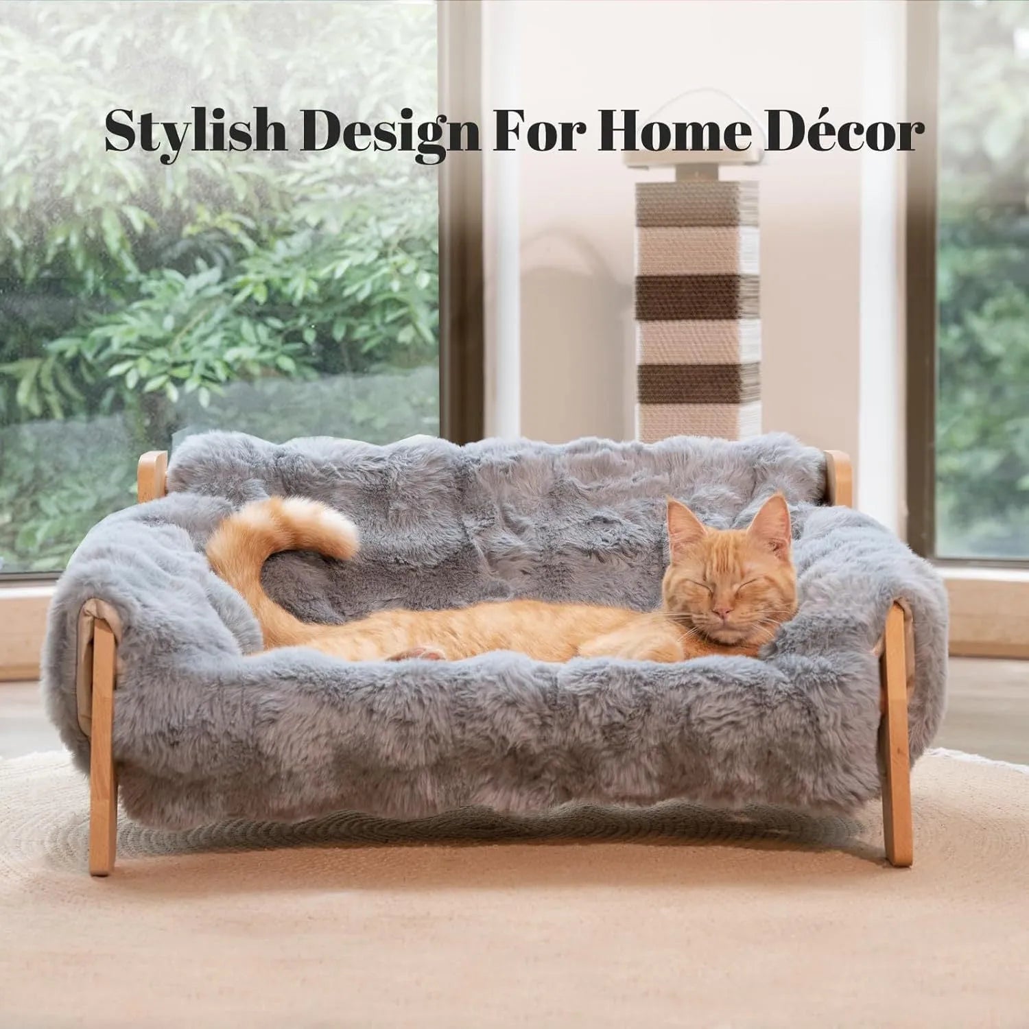 Beige cotton cat bed with wooden sofa-style frame and removable washable cover