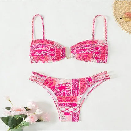 Women's high-waist floral bikini swimsuit in rose red with matching bra and briefs.