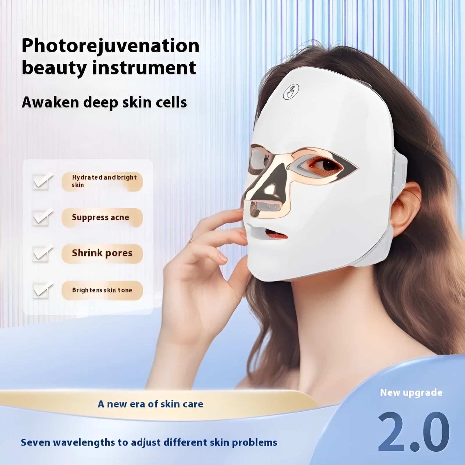 Rechargeable manual touch LED beauty mask in white golden edge colour with adjustable strap.