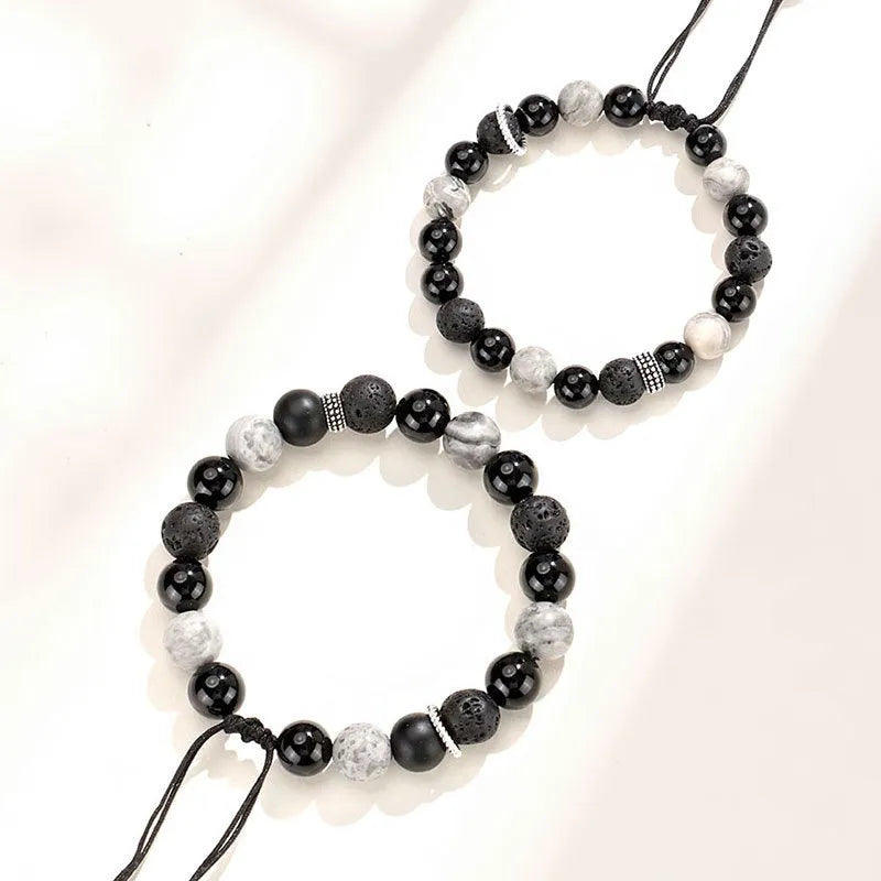 Black agate map stone volcanic rock bracelet with diamond beads in new Chinese style, shown in 10mm and 8mm widths.
