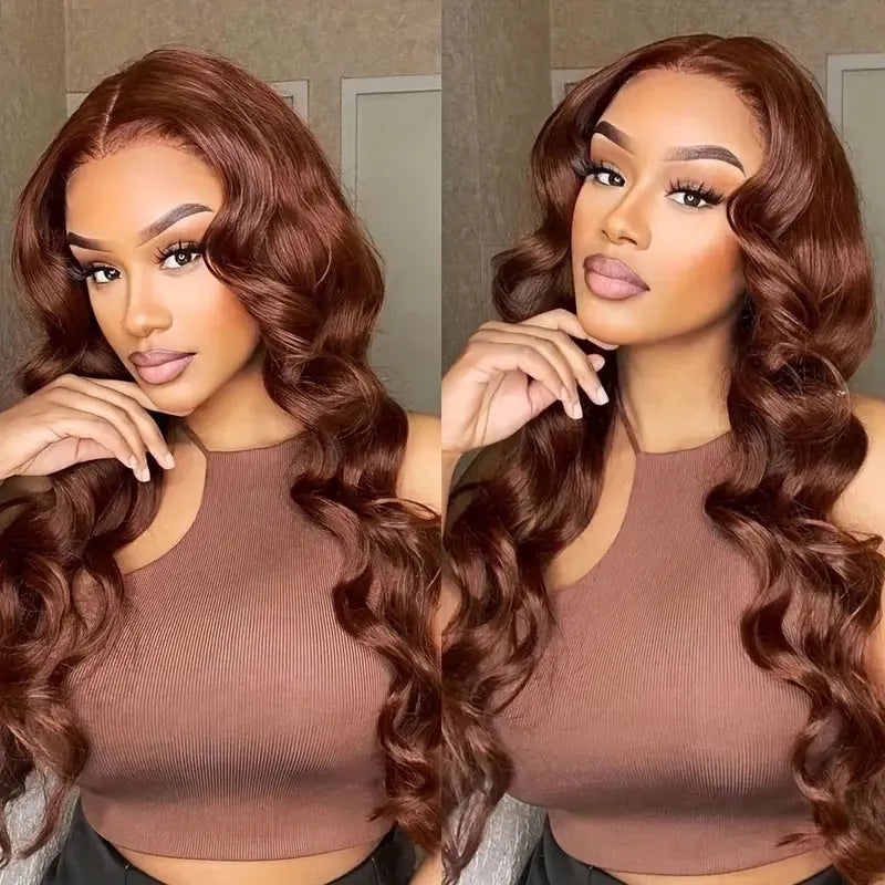 Women's long curly dark brown front lace wig with side bangs, made from high temperature fibre.