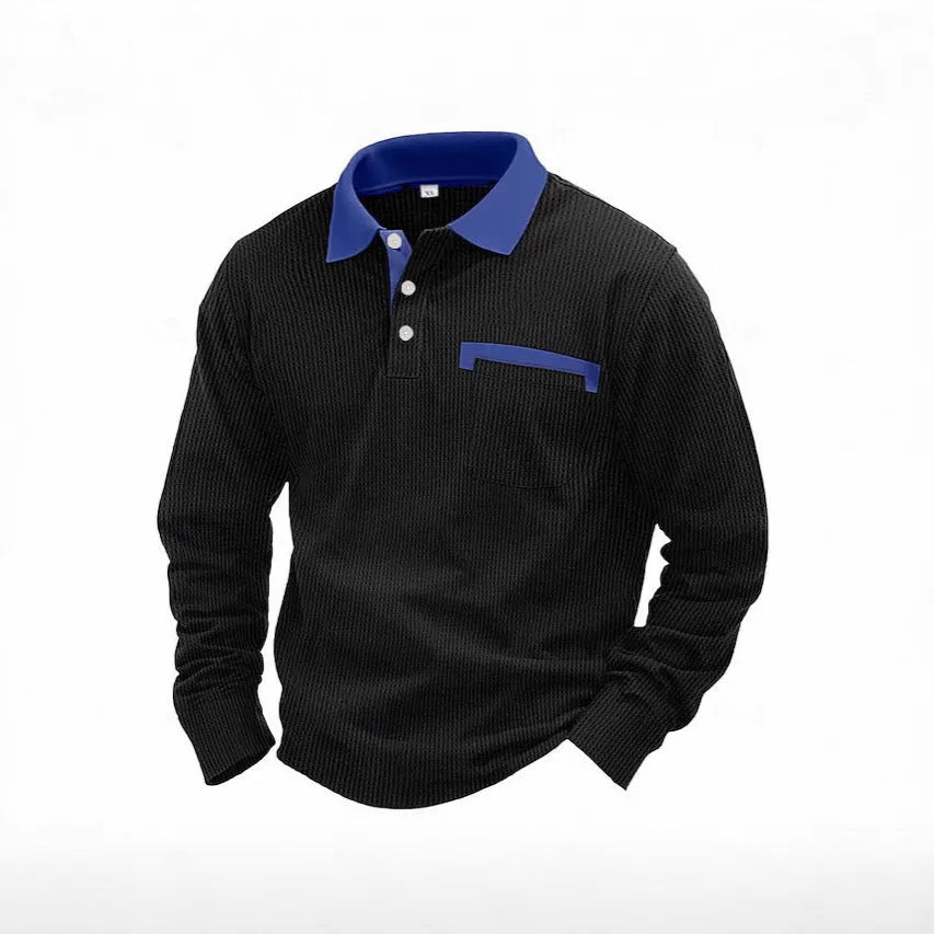 Man modelling a long-sleeved waffle-texture polo shirt in a loose, retro style.