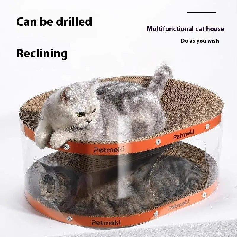 White transparent cat scratch board and diamond-pattern tunnel nest combined into one unit
