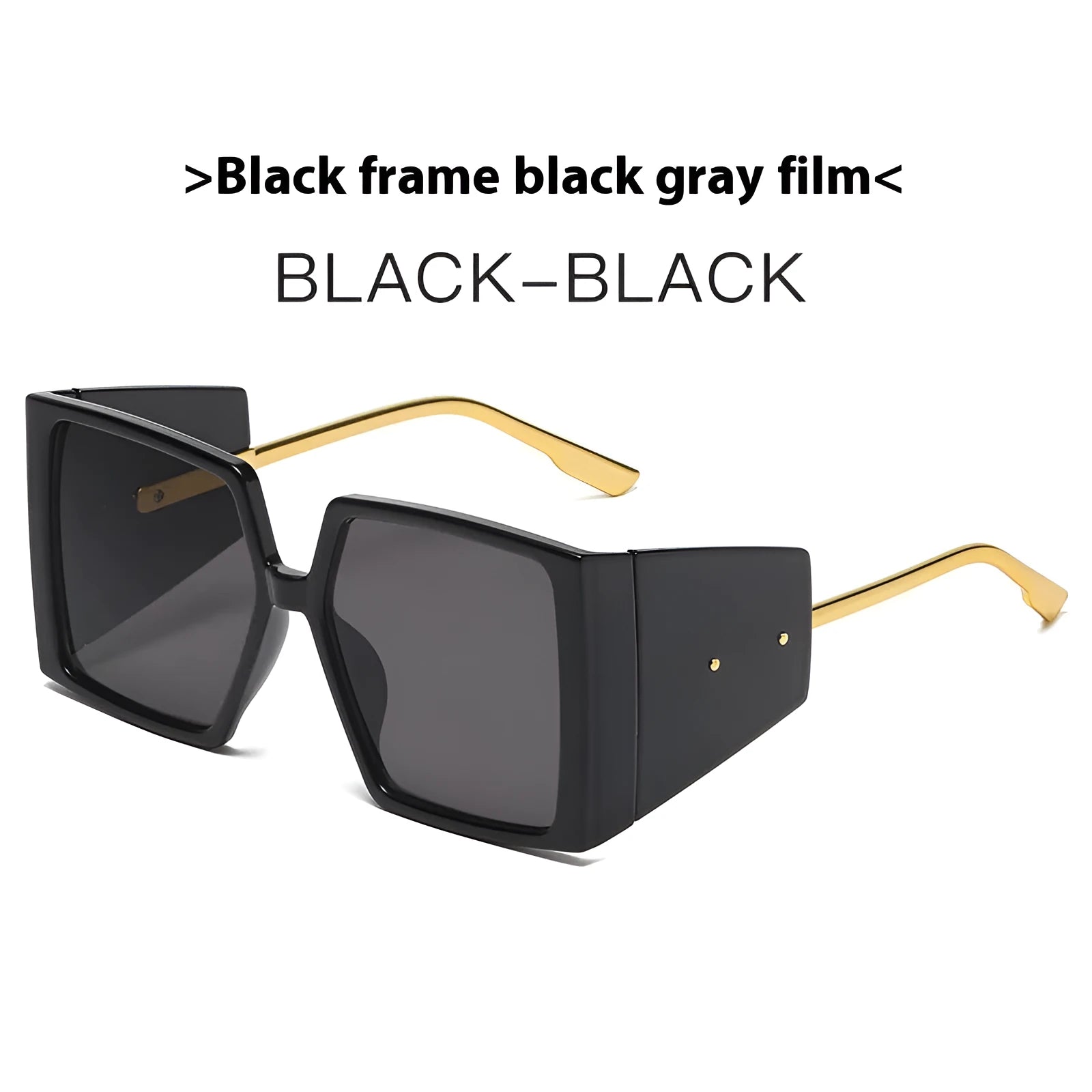 Large square frame metal sunglasses showing available colour options on an adult face.