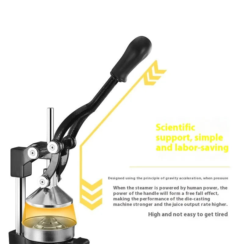 A black cast iron manual citrus juicer with a stainless steel strainer on a kitchen counter.