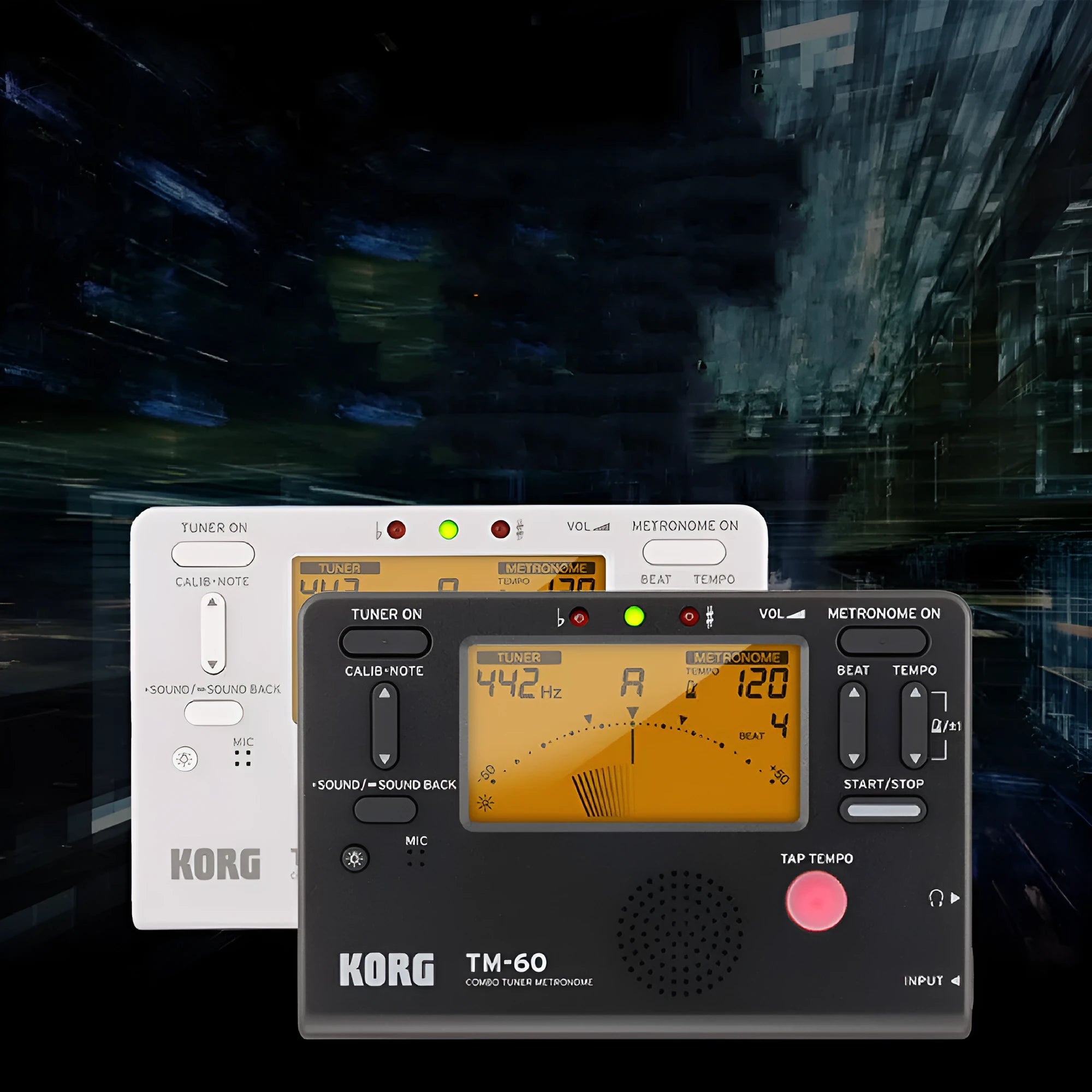 TM-60 black electronic metronome with display and controls for tempo and rhythm selection.