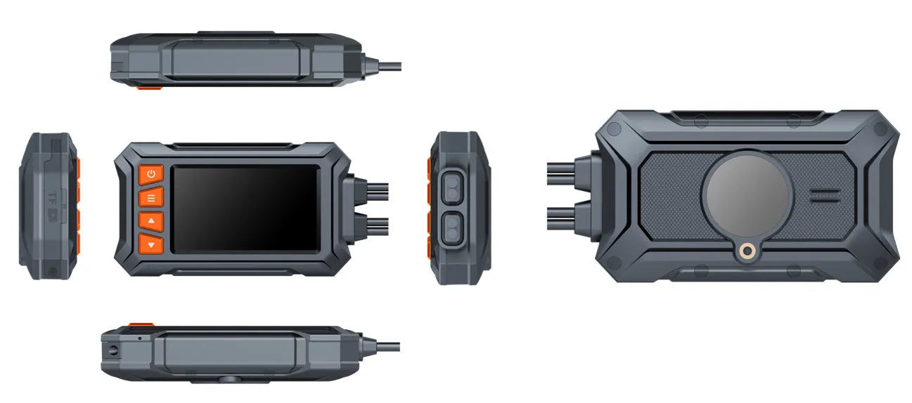 Motorcycle dash camera system with dual lenses, 3-inch display, GPS module, and waterproof housing