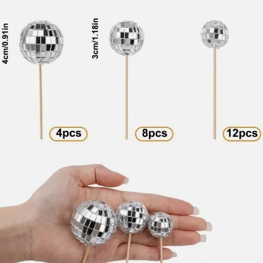Glass disco ball cake decoration with wooden stick in various sizes from 2.5cm to 5cm