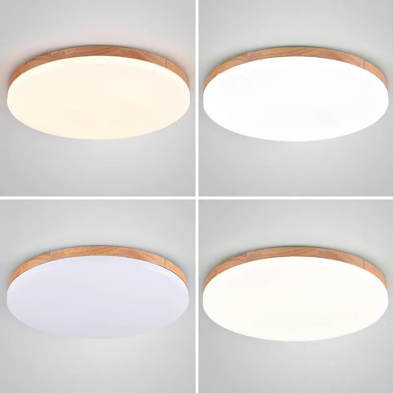Japanese minimalist wood and acrylic LED ceiling lamp showing three size options