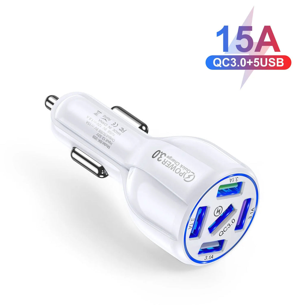 5-port 15A QC3.0 USB car charger for fast multi-device charging in vehicle