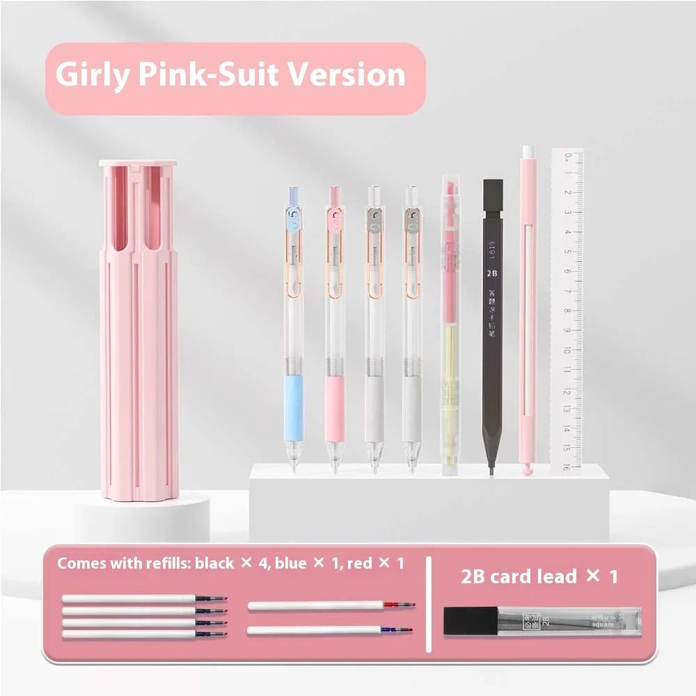 Plastic pressing pen kit for six pens in pencil case with colour options
