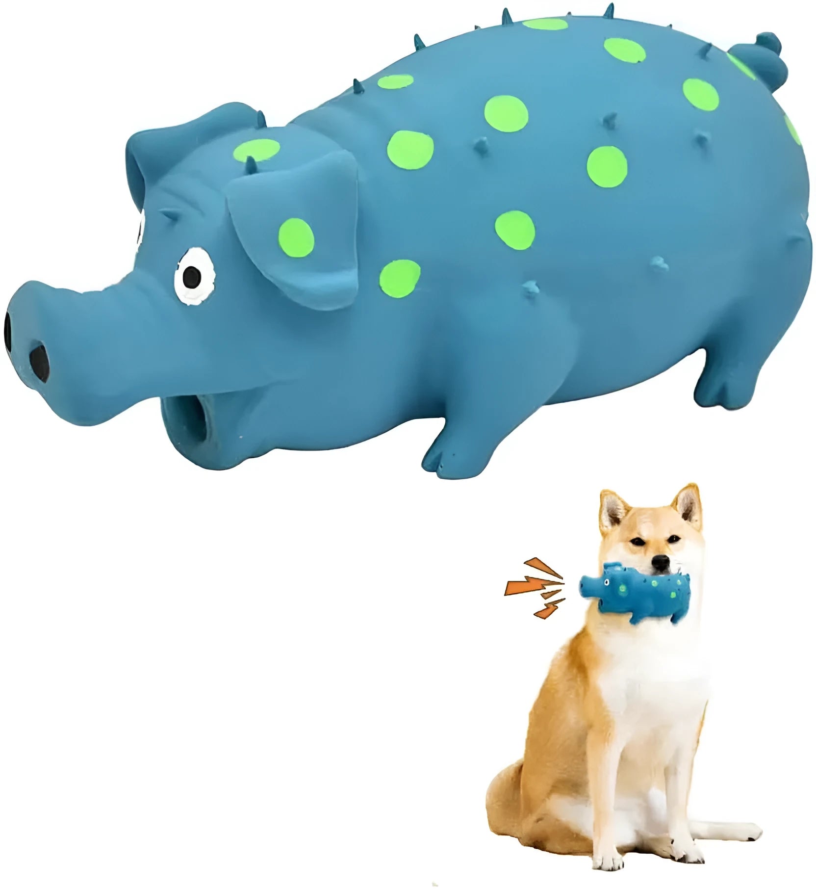 Pig-shaped latex dog chew toy with squeaker in various colours, 20cm long