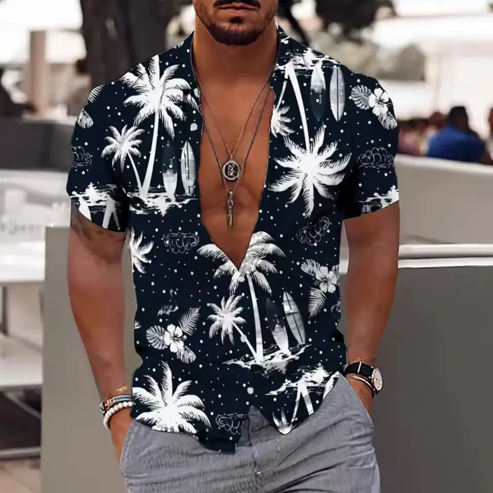 Men's loose-fit short sleeve shirt with a colourful floral pattern, shown in a casual cardigan style.
