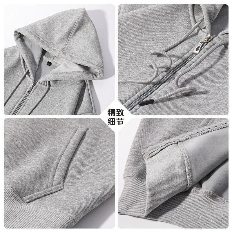 Plus size man wearing a beige zipper hooded cardigan sweater in a loose fit.
