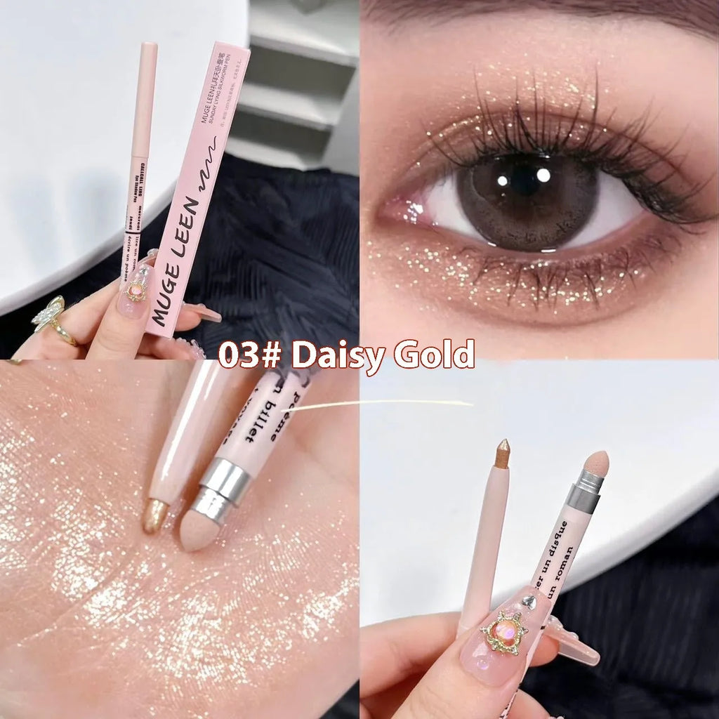 Waterproof 2-in-1 eyeshadow and highlighter pen in assorted colours on a white background.
