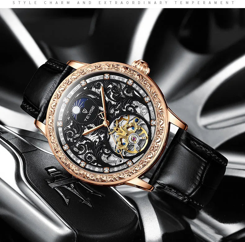 Business casual waterproof hollow out men's mechanical watch with rose black leather strap