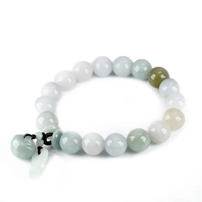 Natural jade bracelet with geometric hanging design and Buddhist elements including Maitreya Buddha motif