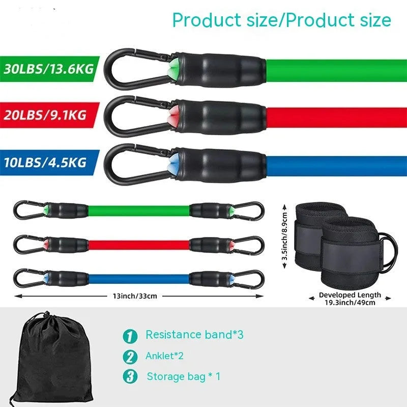 TPE resistance band set in three tension levels with ankle buckles and foot loops