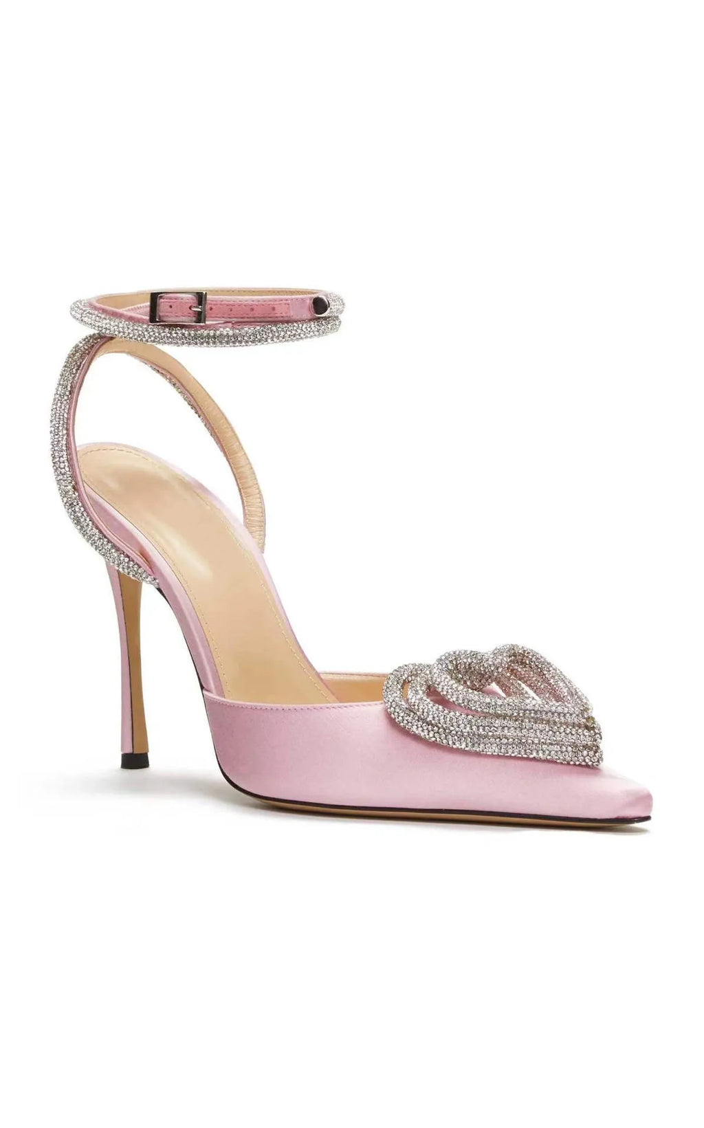 Women's pink satin sandals with heart-shaped rhinestone detail and cross-band straps on a pointed toe.