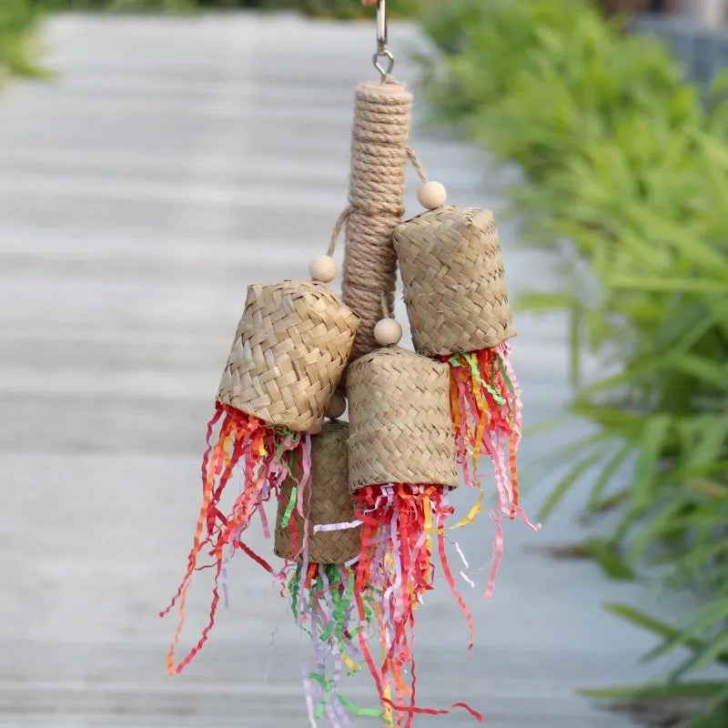 Colourful shredded paper bird chewing toy made from natural wood and sisal rope for parrots